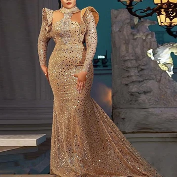 Вечерние платья Aso Ebi Плюс Размер с Золотыми блестками, Длинные рукава, высокий вырез, Африканское вечернее платье для выпускного вечера, Нигерийское Свадебное платье для гостей