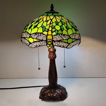 LongHuiJing 12-дюймовая настольная лампа в европейском стиле Тиффани, прикроватная лампа в виде зеленой витражной стеклянной стрекозы с основанием из цинкового сплава