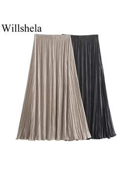 Willshela Женские модные однотонные плиссированные юбки Миди трапециевидной формы, винтажные женские шикарные юбки с высокой эластичной талией