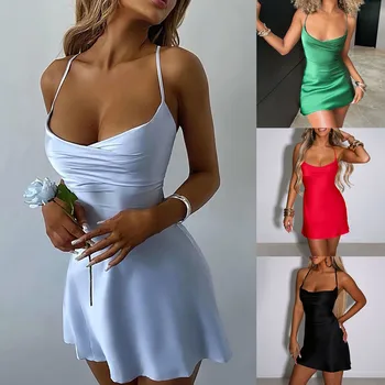 Женское атласное мини-платье, сексуальное мини-платье на бретельках с открытой спиной, облегающее платье с рюшами, клубная коктейльная вечеринка, женское платье-толстовка с капюшоном