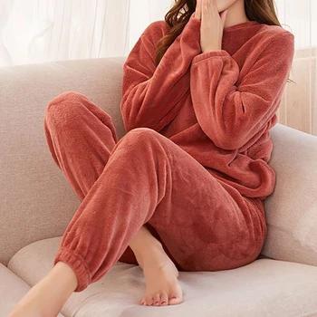 Женский бархатный пижамный комплект EVNISI, свободный топ и брюки с эластичной резинкой на талии, домашний повседневный теплый шерстяной костюм, женский 2023, осень-зима