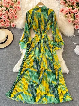 Женское Элегантное Богемное Плиссированное платье Макси с цветочным принтом, Женское Модное Вечернее платье с длинным рукавом, Vestidos Robe