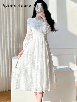 Весна-осень Женское Элегантное кружевное Белое платье Миди с длинным рукавом винтажного силуэта Vestidos Женские вечерние платья во французском стиле