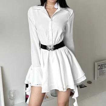 Французское белое короткое мини-платье с поясом, Корейское Элегантное Темпераментное платье-рубашка с отворотом, уличная Повседневная одежда Y2k