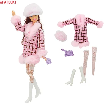 Розовое длинное пальто из искусственного меха, комплект одежды для куклы Барби, модные наряды, Меховая шапка, Носки, Сапоги, обувь, сумка 1/6, аксессуары для кукол, игрушки