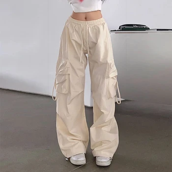 Женские уличные брюки в стиле хип-хоп с эластичной талией и завязками, Свободные прямые широкие брюки-карго Mop