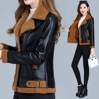 Зимнее женское модное мотоциклетное пальто 2023 года выпуска с коротким отложным воротником, утолщенное утепленное пальто, кожаное пальто для женщин T427