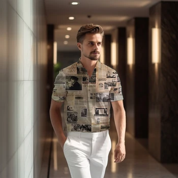 Новая модная повседневная мужская рубашка с короткими рукавами 2023, рубашка с 3D-печатью из модной газеты, рубашка с уличным трендом, Летние топы
