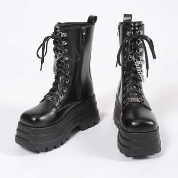 Классические Женские ботильоны на платформе со шнуровкой, черные Женские ботинки с ремешком на щиколотке, осенне-зимние Армейские рабочие Байкерские военные ботинки