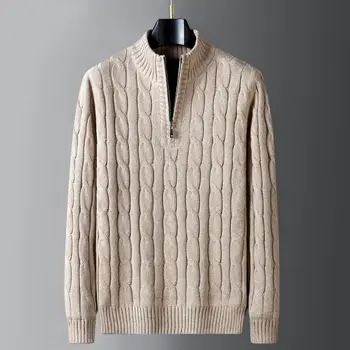 Флисовый джемпер в виде черепахи на молнии, мужские свитера с имитацией шеи, Черный вязаный пуловер цвета хаки, Корейская одежда, Винтажный свитер 2024