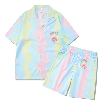 2023 Новый Casablanca Теннис Цветы Полосы Мужчины Женщины Короткий комплект Футболка Гавайский Пляжный костюм Хип-хоп Рубашки Шорты Костюм для пары