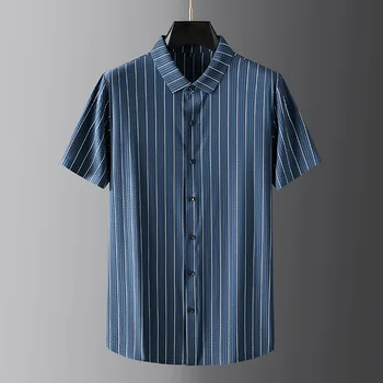 плюс размер 7xL, рубашка в вертикальную полоску, мужская рубашка с коротким рукавом, летняя рубашка с коротким рукавом из ледяного шелка, без утюга, мужские рубашки большого размера