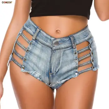 Выдалбливают женские джинсовые шорты с высокой талией, сексуальную дырочку, горячие джинсовые шорты для ночного клуба, поло, танцевальная одежда, бермуды feminina