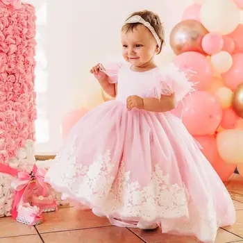 Розовые платья принцессы в цветочек для девочек с большим атласным бантом, кружевными перьями, детские платья для конкурса красоты, одежда для дня рождения, выпускного вечера для младенцев