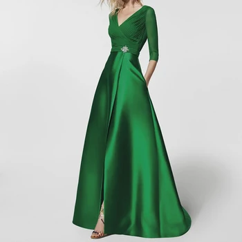 Классическое зеленое длинное платье с V-образным вырезом, вечернее платье, сексуальные платья, платье с разрезом до бедра, вечерние платья, женские вечерние платья с карманами