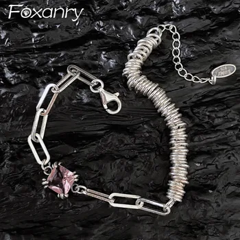 Foxanry, Винтажные браслеты-цепочки из серебра ручной работы, модные элегантные сверкающие розовые цирконы, геометрические украшения для вечеринок.