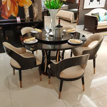Сочетание легкого роскошного обеденного стола и стула из массива черного дерева, круглый стол в стиле минимализм и постмодерн
