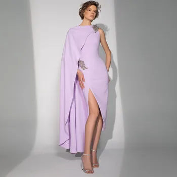 Элегантные вечерние платья-футляры Taro Фиолетового цвета для женщин с круглым вырезом и разрезом на одно плечо Сбоку, Чайная длина, плиссированные кристаллы, вечерние платья для выпускного вечера