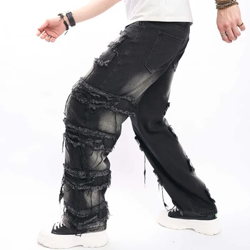 Мужские черные джинсы с набивкой, приталенные рваные джинсы, уничтоженные прямые джинсовые брюки Harajuku в стиле хип-хоп, уличная одежда для брюк