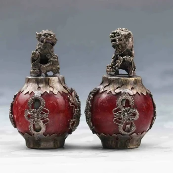 Коллекционная китайская оправа из Нефрита, Тибетская Серебряная Фигурка Льва, Изысканная Парная Статуэтка
