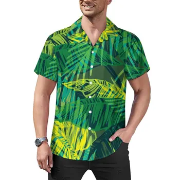 Современные повседневные рубашки с тропическими пальмами, пляжная рубашка с принтом зеленых листьев, Летние блузки в уличном стиле, Мужские графические 3XL 4XL