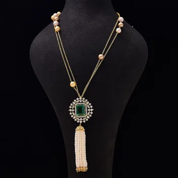 Высококачественное ожерелье, Жемчужная подвеска с кисточкой, двухслойная цепочка из зеленого циркона 5A, Персонализированные ювелирные изделия для женщин, подарок на День рождения