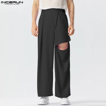 INCERUN 2023 Мужские Брюки в Американском стиле, Модные Уличные Панталоны С высокой талией, Стильные Мужские Однотонные Широкие Брюки S-5XL
