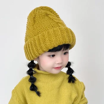 A308063 Вязаная шапочка для мальчиков и девочек 2-8 лет, осенне-зимняя детская шапочка, шерстяная шапочка, детский однотонный цвет