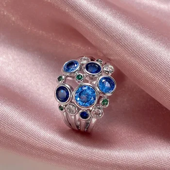 Роскошное Женское круглое кольцо с синим цирконием, Очаровательные Обручальные кольца серебряного цвета Для женщин, Модное обручальное кольцо с маленьким белым зеленым камнем