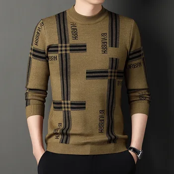 Осенне-зимний новый вязаный пуловер в клетку с буквенным принтом и круглым вырезом, мужской модный повседневный удобный пуловер-свитер