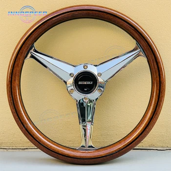 JDM Универсальное 14-дюймовое 350-мм деревянное рулевое колесо с хромированными спицами Гоночное Классическое деревянное рулевое колесо с кнопкой звукового сигнала