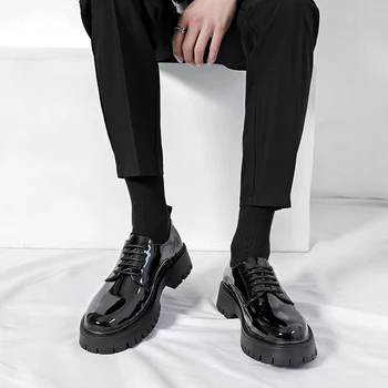 Весна-осень, новая мужская обувь из лакированной кожи на шнуровке в британском стиле для ежедневных церемоний, банкетов, увеличивающая рост обувь, Черный Hombre