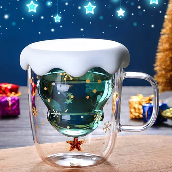 Креативная стеклянная чашка в виде рождественской елки с крышкой, Кофейная кружка, Двухслойная Прозрачная кружка для кофе и молока, Рождественские подарочные чашки с коробкой