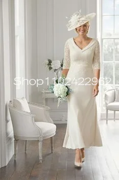 Платья для матери невесты с коротким рукавом длиной до щиколотки, Кружевное шифоновое платье с V-образным вырезом, наряд для крестной матери для гостей свадебной вечеринки.