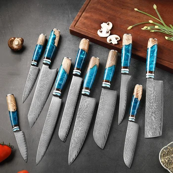 Ножи Сантоку шеф-повара из дамасской стали 1-10шт Наборы японских кухонных ножей Со смоляной ручкой, острый тесак, нож для сашими