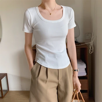 2023 Летняя новая женская футболка с U-образным вырезом и коротким рукавом, приталенная, стрейчевая, тонкая Корейская версия