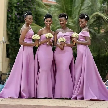 Новые платья подружки невесты в стиле Русалки с одним плечом, длиной до пола, со шлейфом, атласные, длинные, большие размеры на заказ