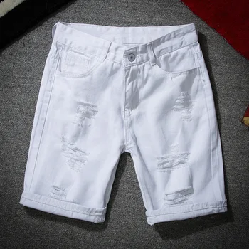 Мужские белые джинсовые шорты, Новые летние мужские повседневные шорты с дырками, Джинсы, мужские хлопковые однотонные облегающие шорты, Брюки длиной до колен