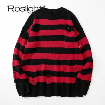 Черный полосатый свитер, Рваный свитер, мужской пуловер, трикотажные джемперы с дырками, панк-унисекс, Свободные пуловеры оверсайз, Уличная одежда
