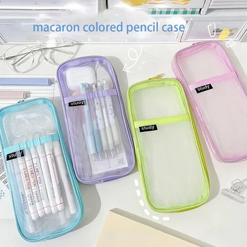 Симпатичный сетчатый пенал цвета макарон, студенческая сумка для хранения большой емкости, чехол для карандашей, корейские канцелярские принадлежности для школы, канцелярские принадлежности