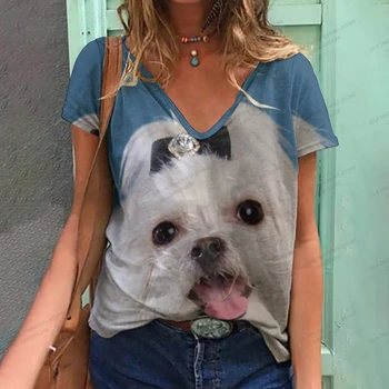 Летняя женская футболка С 3D Принтом Собаки, Женская Модная футболка С коротким рукавом, Негабаритные Футболки, Топы, Женская Повседневная Кавайная футболка С V-образным вырезом