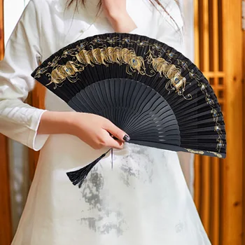 7-дюймовый шелк с принтом из китайских павлиньих перьев, складные Бамбуковые веера, портативные женские антикварные танцевальные принадлежности в стиле ретро