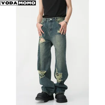 Мужские модные джинсы с широкими дырками, Новые Уличные Повседневные брюки в Корейском стиле, Свободные Прямые джинсовые брюки, Летние Мужские Новые Брюки, джинсы для мужчин