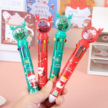 1 шт. Рождественская шариковая ручка 10 цветов, студенческая цветная ручка нажимного типа, нажимает на шариковую ручку 0,5 мм, школьные канцелярские принадлежности, подарки