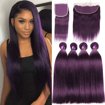 Окрашенные темно-фиолетовые прямые пучки человеческих волос с застежкой, кружевные застежки с завязками, пучки плетения из натуральных волос с застежкой