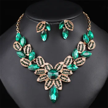Великолепный Красно-Зеленый кристалл, ожерелье с цветочным воротником, серьги, Роскошный свадебный ювелирный набор, Преувеличенный женский подарок для новобрачных