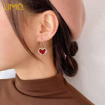 UMQ Серьги-сердечки с эмалью для женщин и девочек золотого цвета, металлические серьги-подвески в виде сердца любви, винтажные ювелирные изделия, подарки