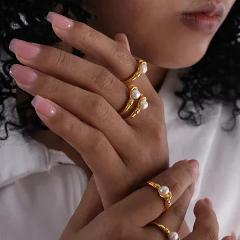 Французское модное кольцо с пресноводным жемчугом для женщин, 18-каратное позолоченное кольцо из нержавеющей стали, защищенное от ржавчины, открывающие кольца для пальцев, вечерние украшения