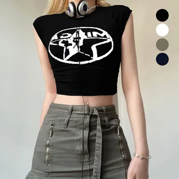 Ретро Уличная горячая девушка XINGX С принтом контрастного цвета, Приталенный жилет, укороченная футболка с открытым пупком 2023 г.