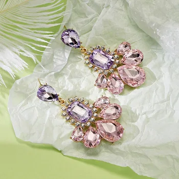Очаровательные Женские серьги с большими розово-фиолетовыми кристаллами, роскошные серьги-цветы для женщин, свадебные серьги с подвесками в виде капель воды, ювелирные изделия